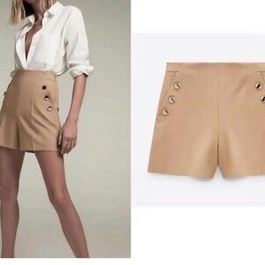 Zara Camel Brown high waisted buttoned nautical sailor Bermuda shorts Sz L